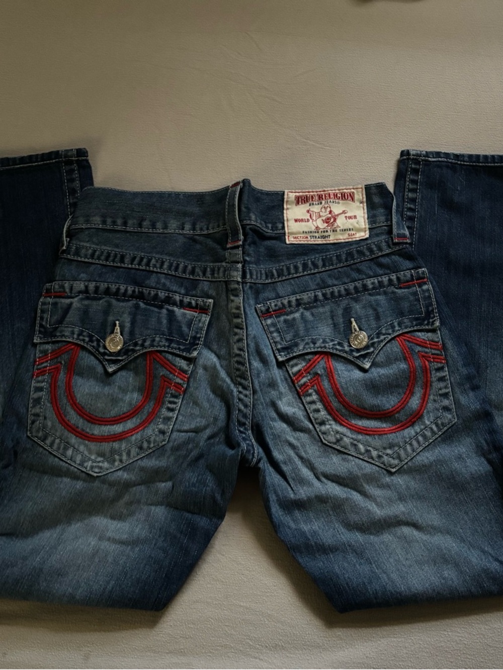 Vintage True Religion Unisex Blue Denim Jeans with Red Stitching